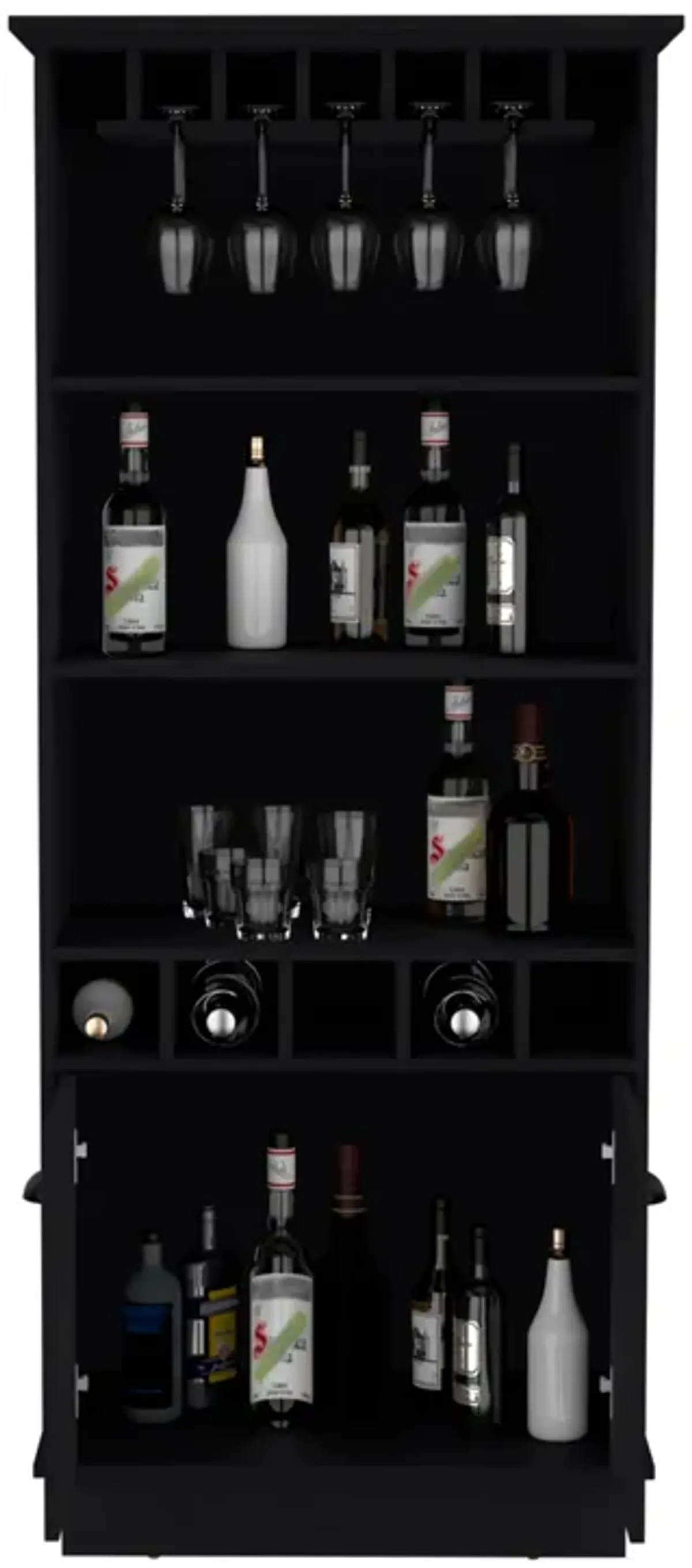 Dundee 70-Inch High 10-Glass Bar Cabinet with 5 Cubbies and 3 Open Shelves and Cabinet