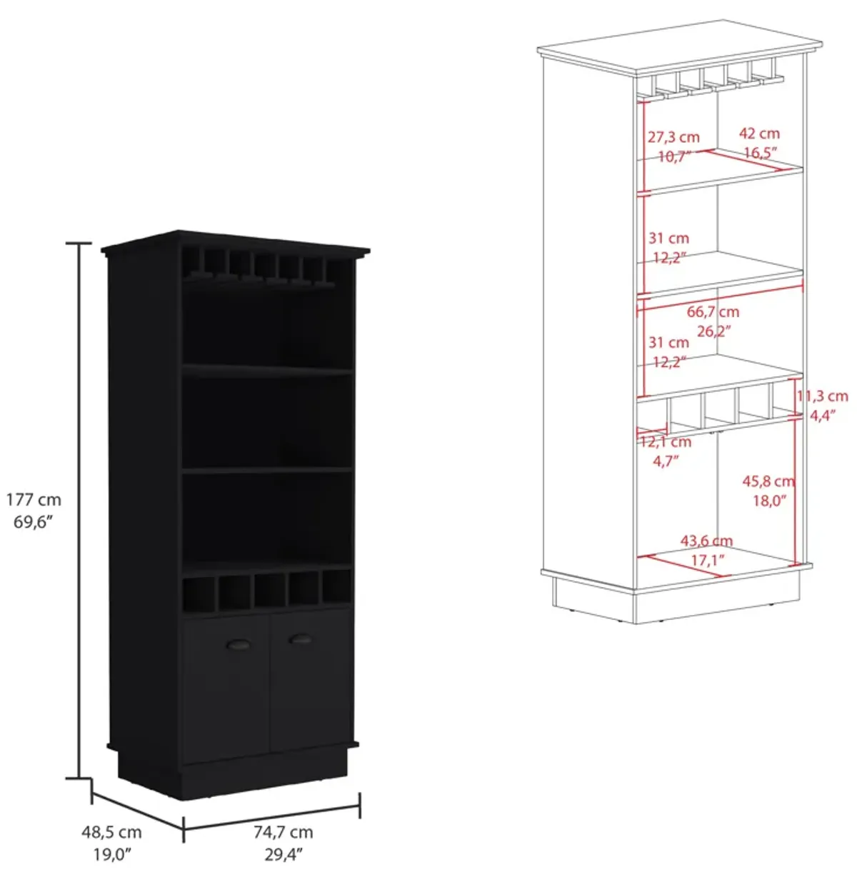 Dundee 70-Inch High 10-Glass Bar Cabinet with 5 Cubbies and 3 Open Shelves and Cabinet