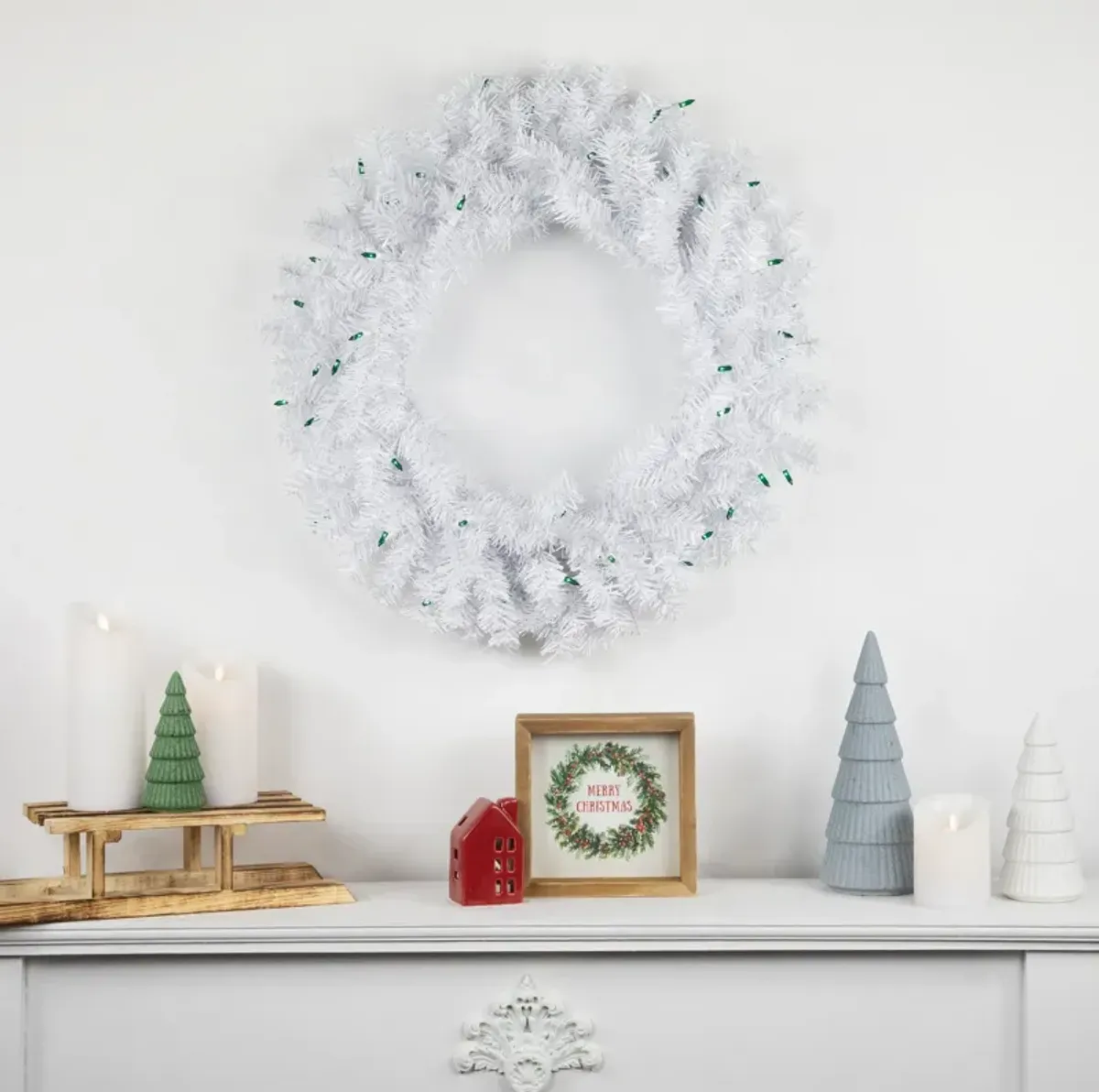 Pre-Lit Woodbury White Pine Artificial Christmas Wreath  24-Inch  Green Lights