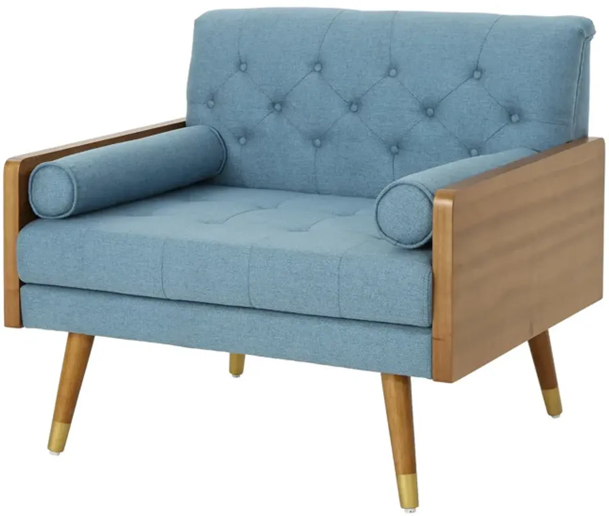 Lita Wide Accent Club Chair, Tufted, Blue Fabric, Brown Wood Frame - Benzara