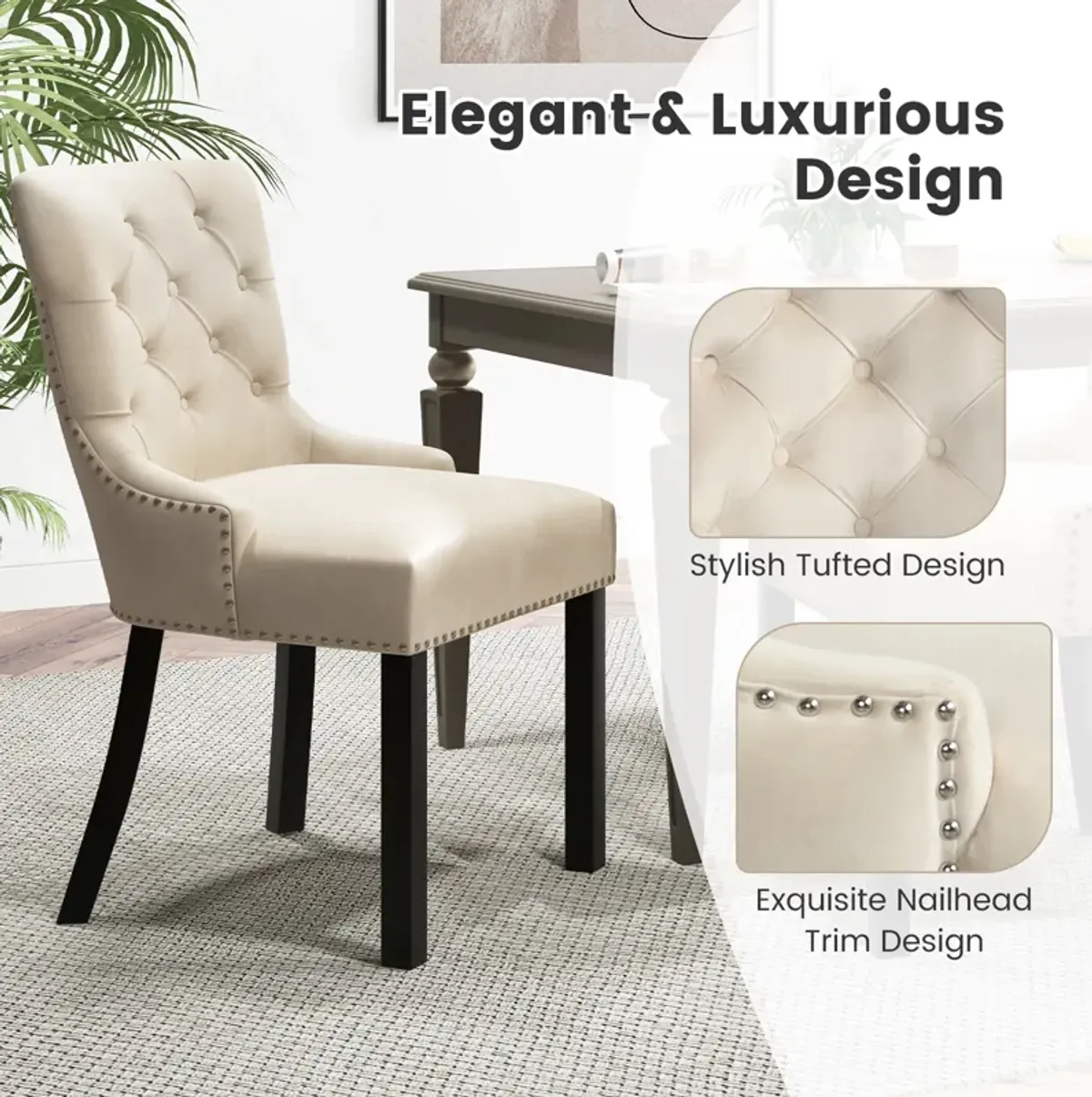 Upholstered Dining Chairs Set of 2 Tufted Wingback Chairs with Rubber Wood Legs