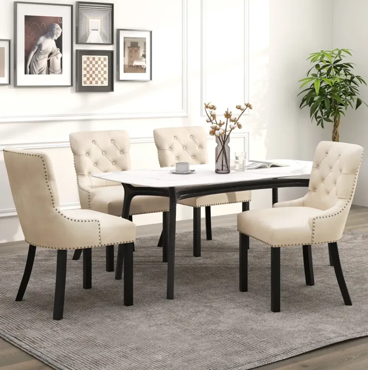 Upholstered Dining Chairs Set of 2 Tufted Wingback Chairs with Rubber Wood Legs