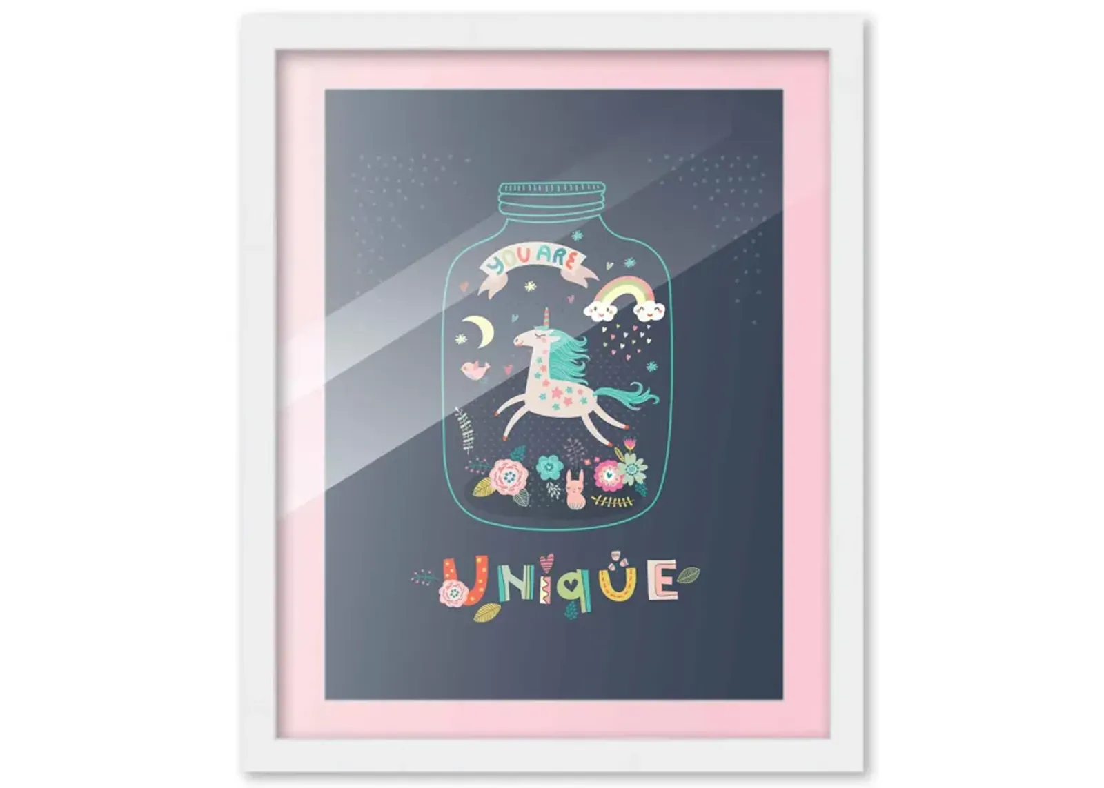 9x12 Framed Nursery Wall Art Unique Unicorn Poster with Soft Pink Mat in a 11x14 White Wood Frame