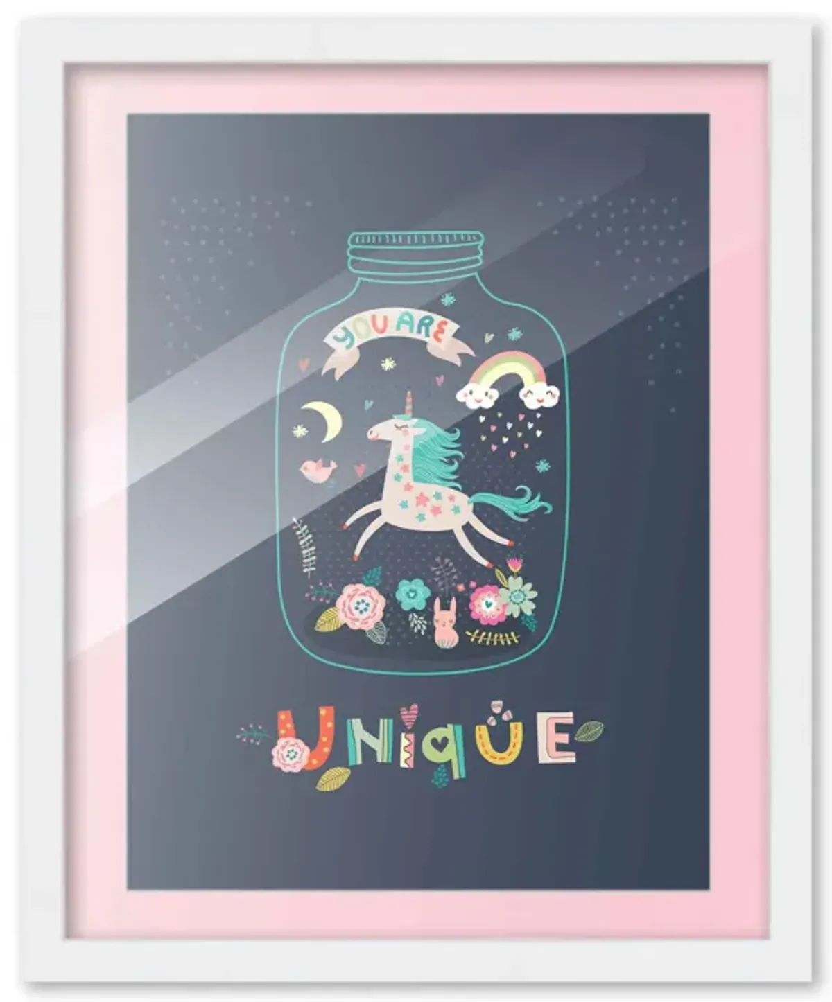 9x12 Framed Nursery Wall Art Unique Unicorn Poster with Soft Pink Mat in a 11x14 White Wood Frame