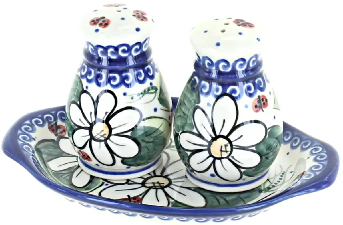 Blue Rose Polish Pottery Butterfly Salt & Pepper Shakers with Tray