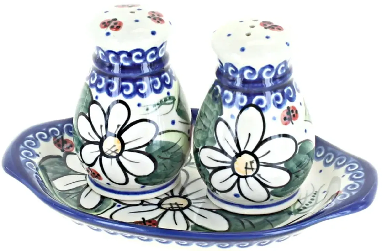 Blue Rose Polish Pottery Butterfly Salt & Pepper Shakers with Tray