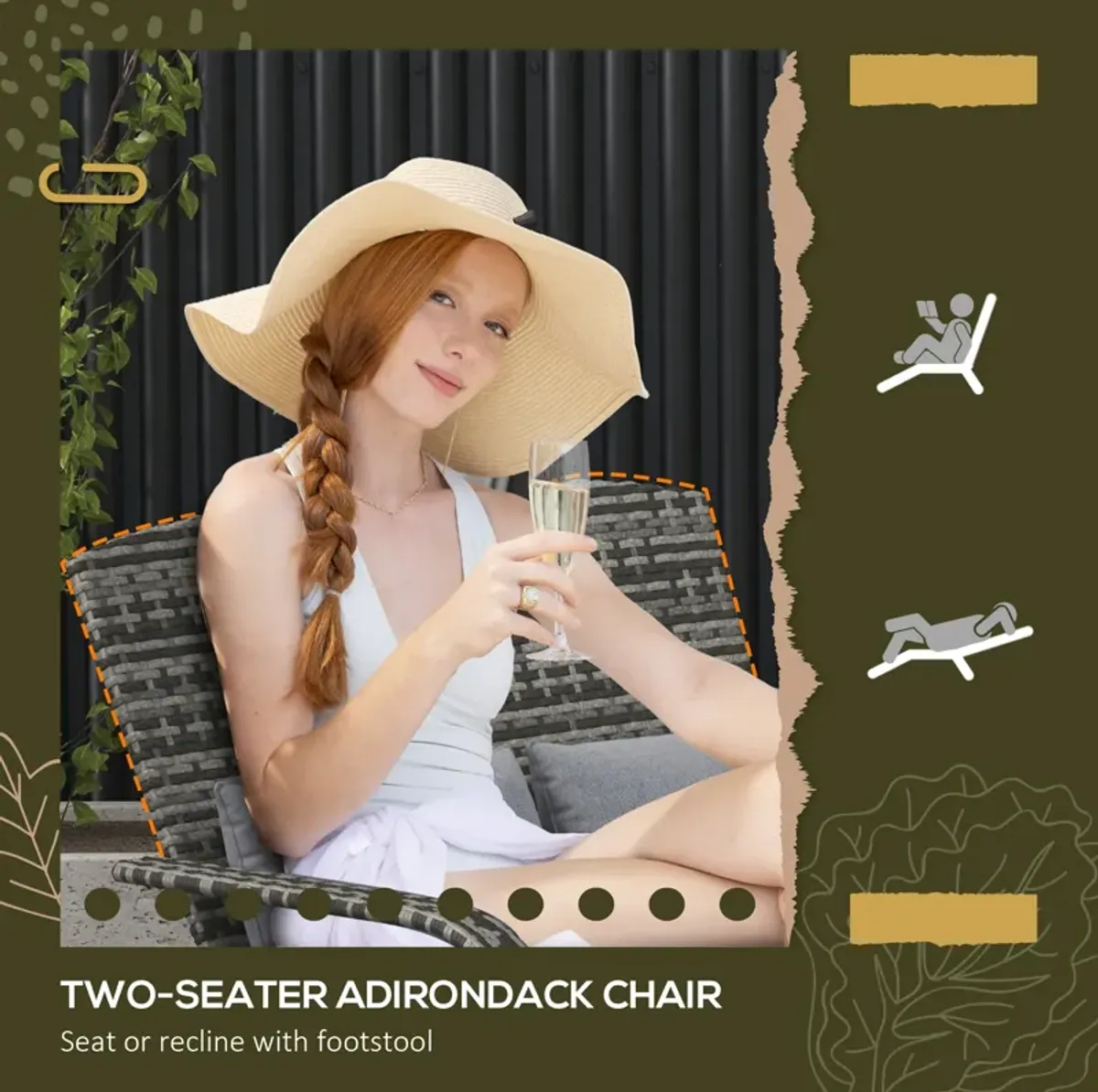 Outsunny Wicker Adirondack Chair for 2 with Cushions & Footrests, PE Rattan Fire Pit Chair for 2, Double Adirondack Patio Chair for Porch, Backyard, Garden with High-back, Wide Armrests, Gray