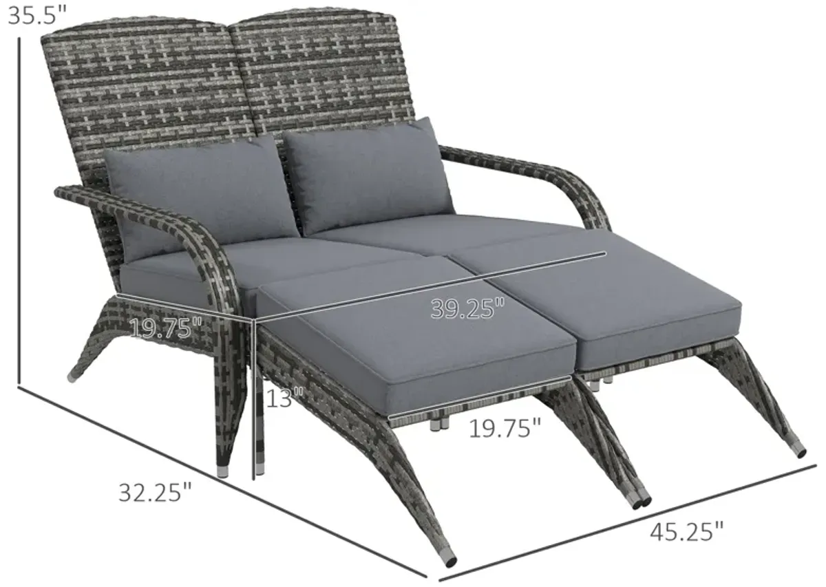 Outsunny Wicker Adirondack Chair for 2 with Cushions & Footrests, PE Rattan Fire Pit Chair for 2, Double Adirondack Patio Chair for Porch, Backyard, Garden with High-back, Wide Armrests, Gray