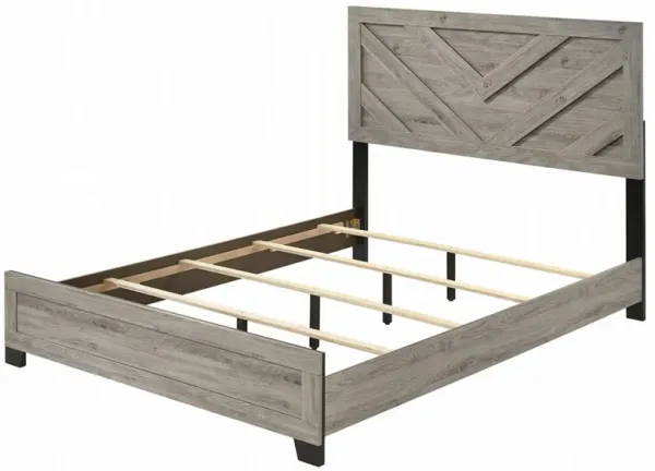 Rachy Queen Bed, Farmhouse Chevron Headboard, Light Gray Black Wood - Benzara