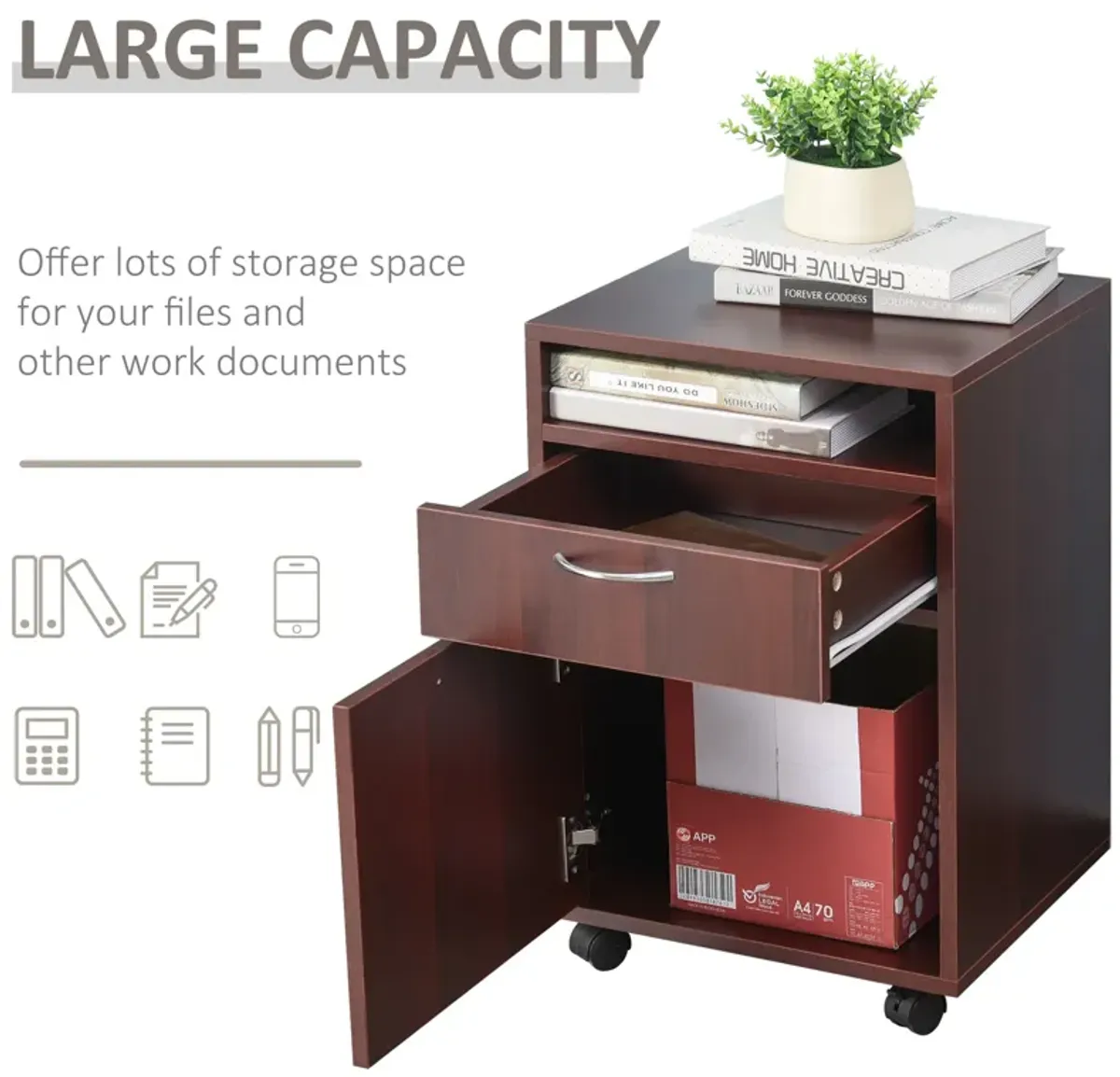 Brown Rolling File Cabinet: Mobile Printer Stand with Drawer for Office