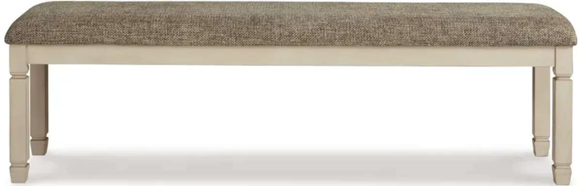 65 Inch Two Tone Dining Bench, Woven Fabric Cushion, Vintage White Wood-Benzara