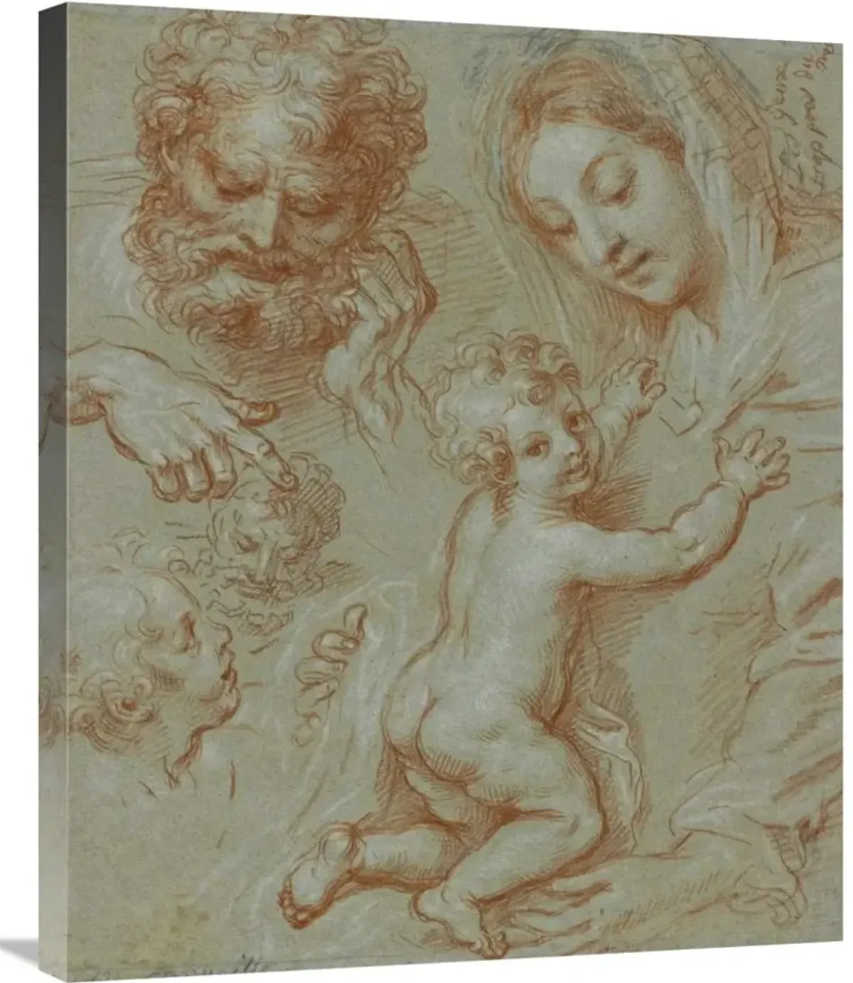 Studies of the Madonna and Child and of Heads (recto); Madonna and Child with Saint John Seated in a Landscape (verso)-Canvas Art-24.9x30