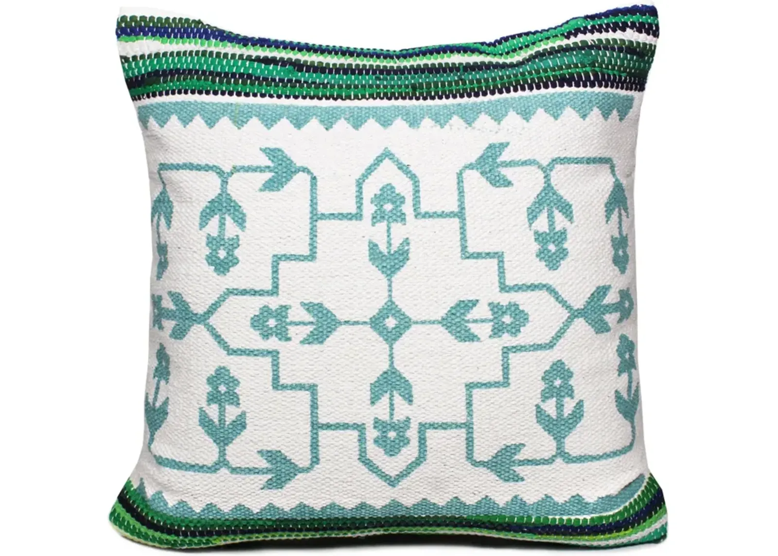 20" Green and White Bordered Budding Floral Mosaic Square Throw Pillow