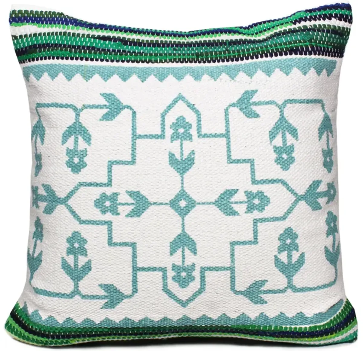 20" Green and White Bordered Budding Floral Mosaic Square Throw Pillow