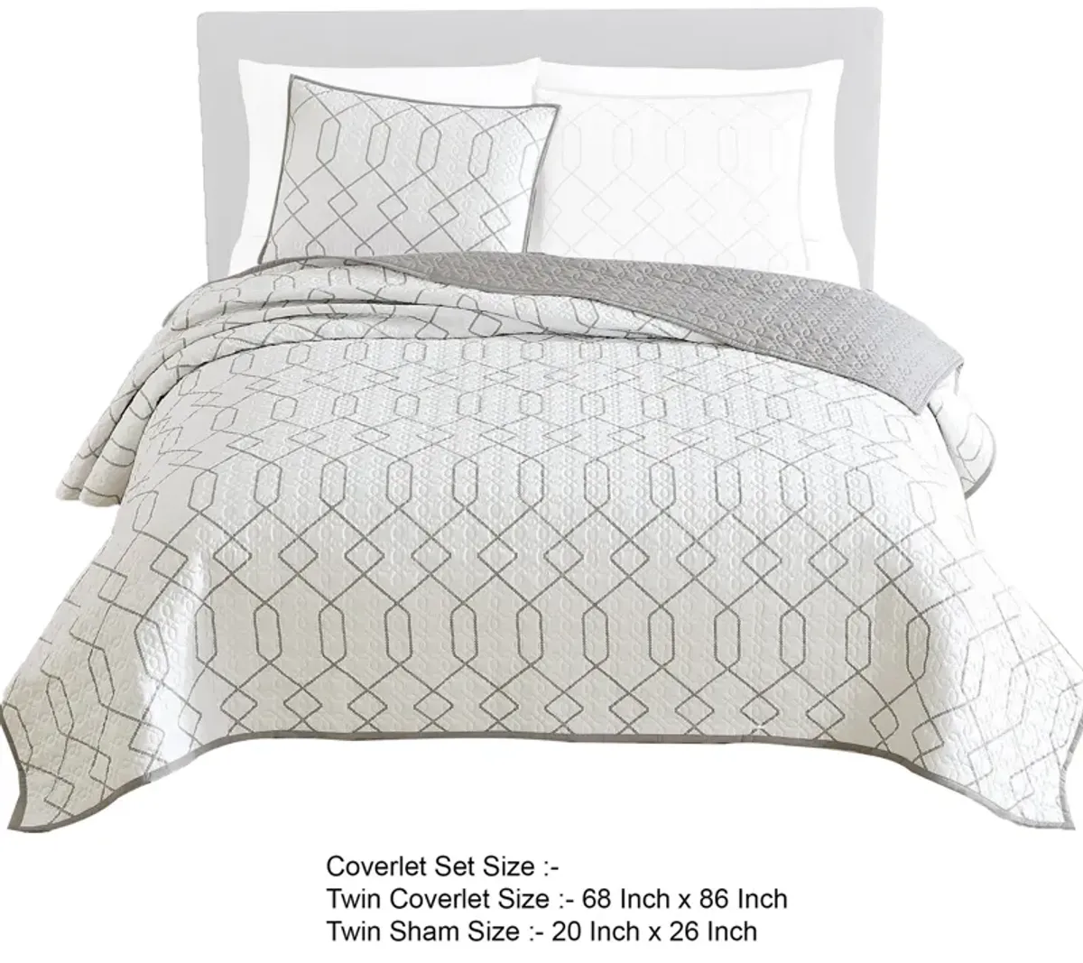 Jim 2 Piece Twin Size Reversible Coverlet Set, Geometric White and Gray - Benzara