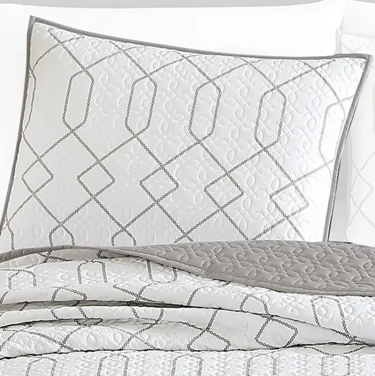 Jim 2 Piece Twin Size Reversible Coverlet Set, Geometric White and Gray - Benzara