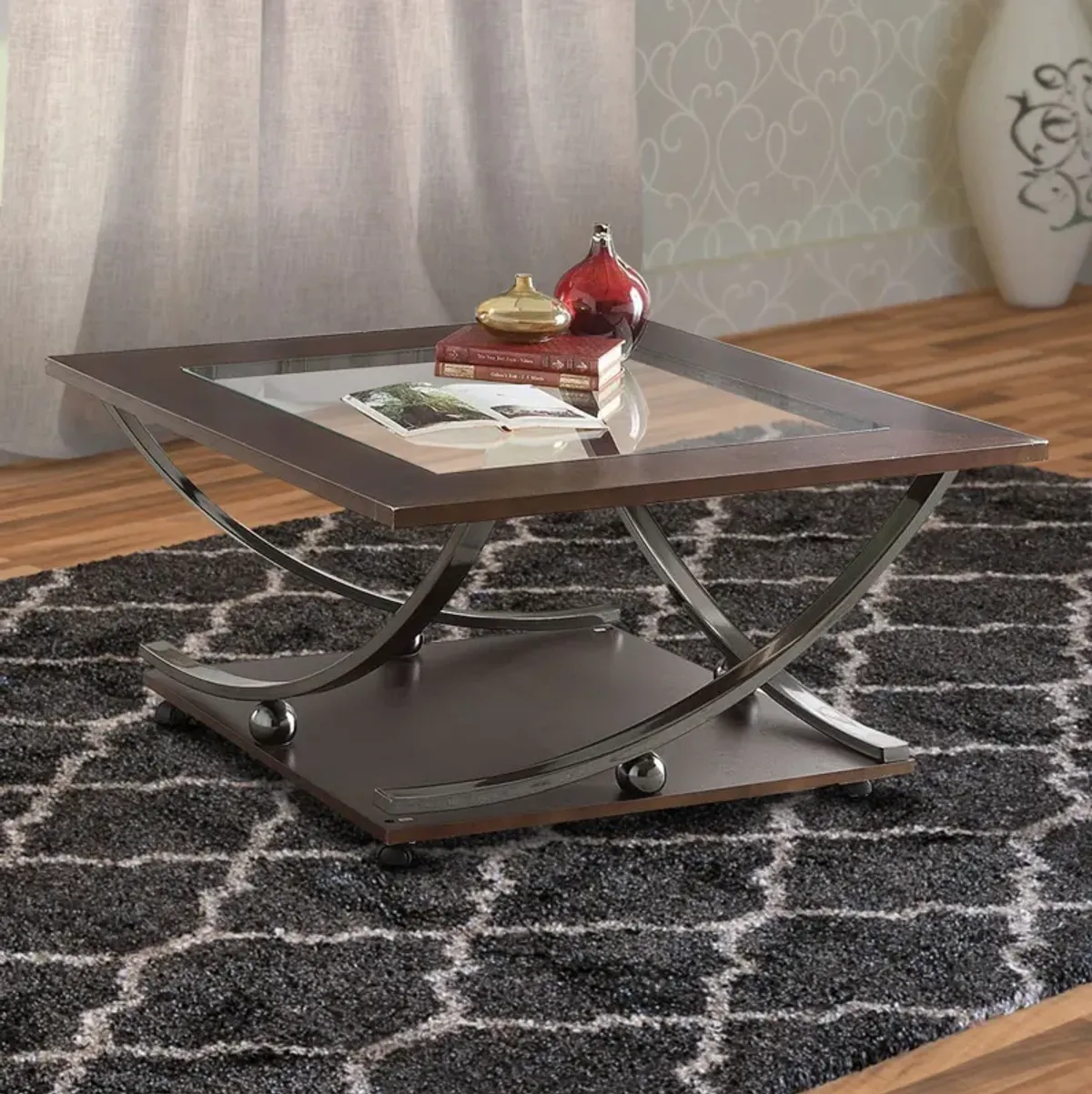 Glass Inserted Wooden Coffee Table with Open Shelve and Castors, Brown and Black-Benzara