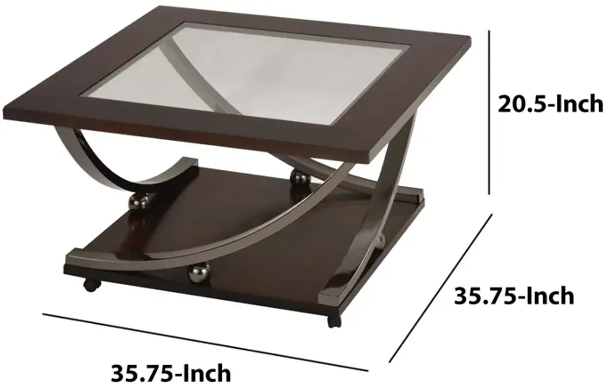 Glass Inserted Wooden Coffee Table with Open Shelve and Castors, Brown and Black-Benzara