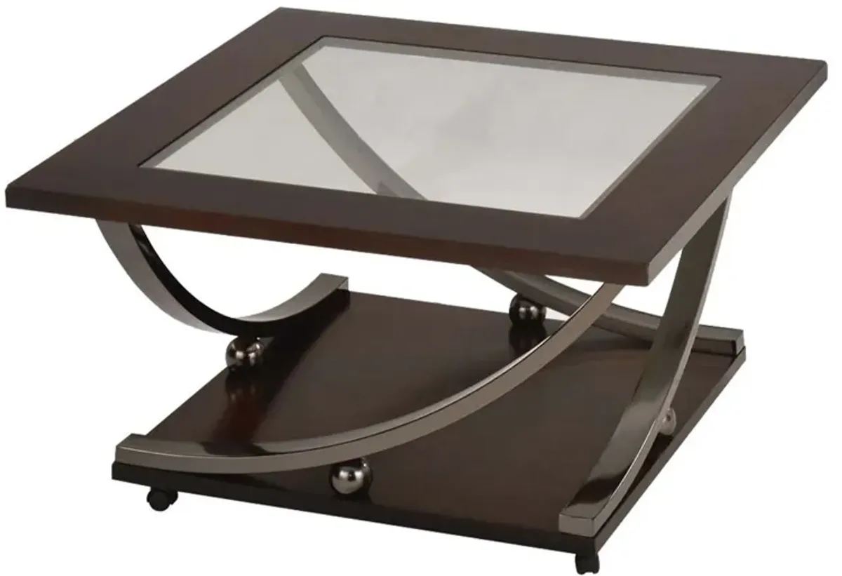 Glass Inserted Wooden Coffee Table with Open Shelve and Castors, Brown and Black-Benzara