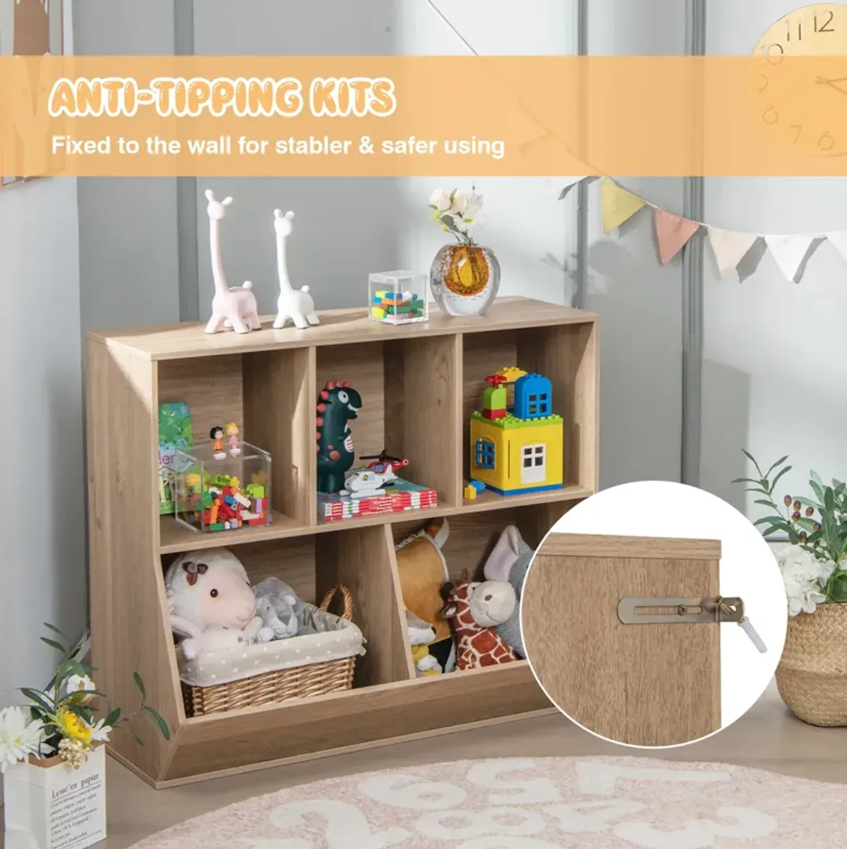 5-Cube Wooden Toy Storage Organizer for Kids with Anti-Tipping Safety Kits