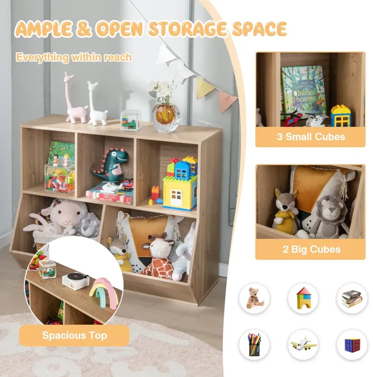 5-Cube Wooden Toy Storage Organizer for Kids with Anti-Tipping Safety Kits