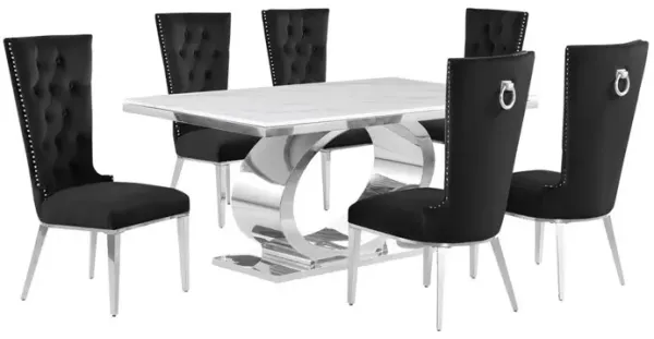 7pc Small(68") marble top dining set with silver base and 6 Black side chairs