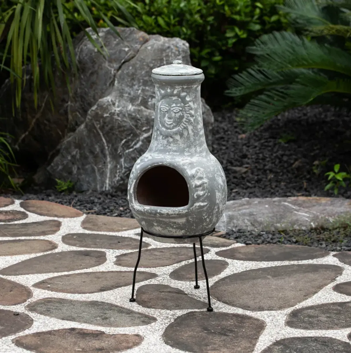 Outdoor Clay Chiminea Fireplace Sun Design Wood Burning Fire Pit with Sturdy Metal Stand, Barbecue, Cocktail Party, Cozy Nights Fire Pit, Stone Gray