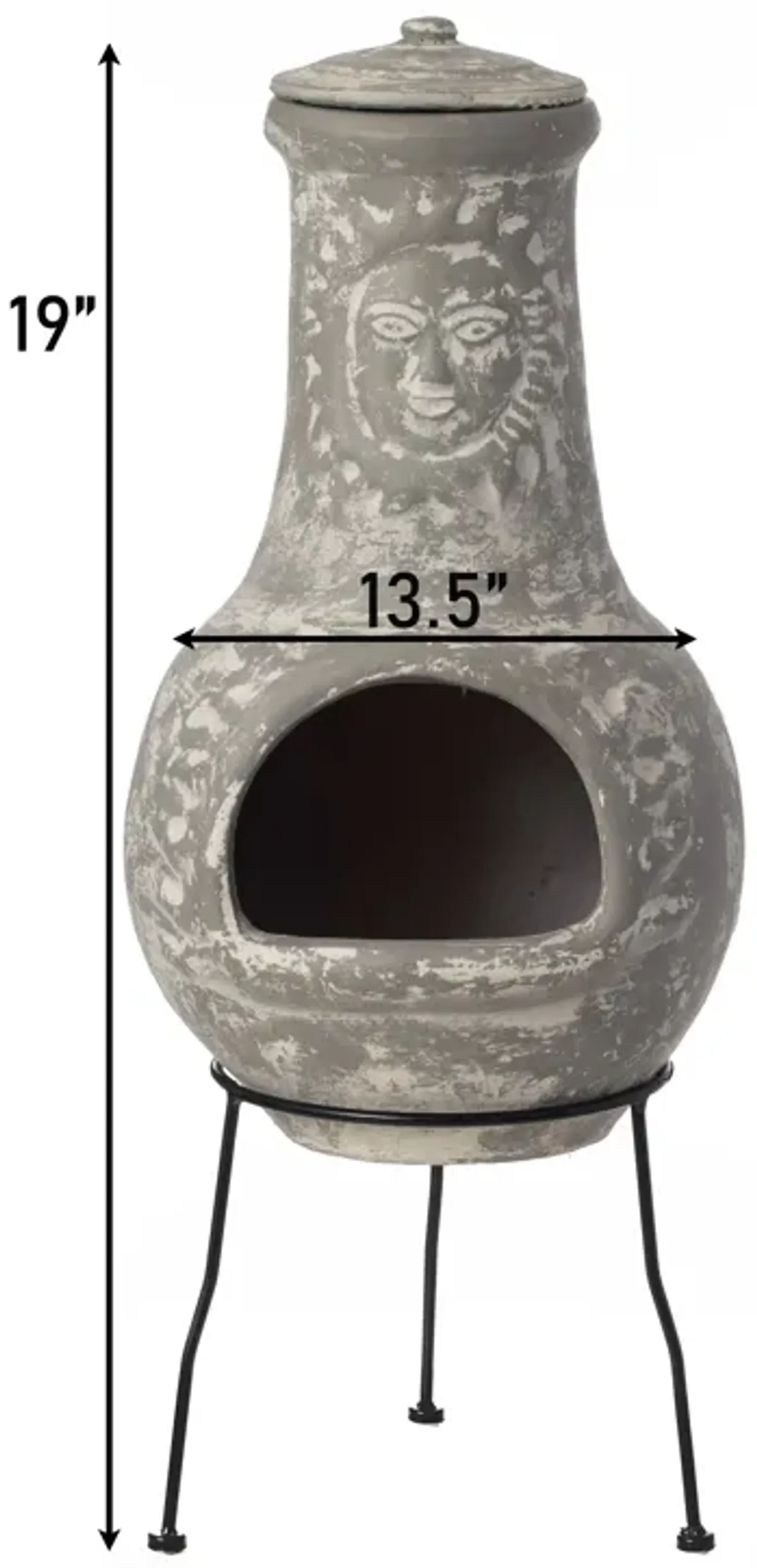 Outdoor Clay Chiminea Fireplace Sun Design Wood Burning Fire Pit with Sturdy Metal Stand, Barbecue, Cocktail Party, Cozy Nights Fire Pit, Stone Gray