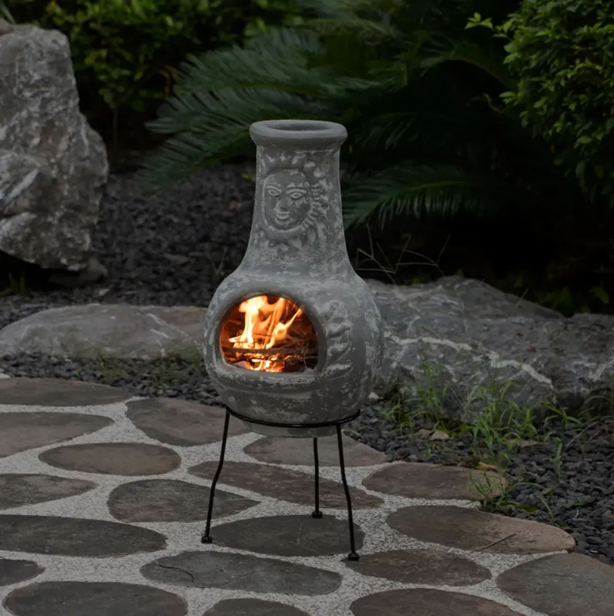 Outdoor Clay Chiminea Fireplace Sun Design Wood Burning Fire Pit with Sturdy Metal Stand, Barbecue, Cocktail Party, Cozy Nights Fire Pit, Stone Gray