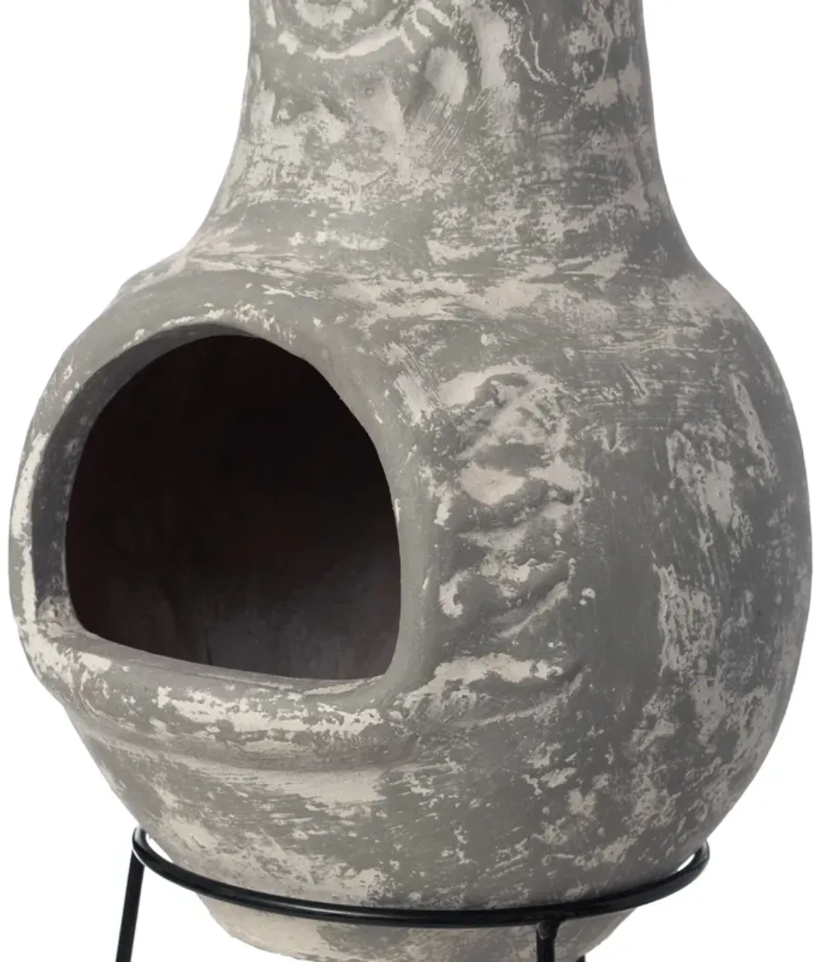 Outdoor Clay Chiminea Fireplace Sun Design Wood Burning Fire Pit with Sturdy Metal Stand, Barbecue, Cocktail Party, Cozy Nights Fire Pit, Stone Gray