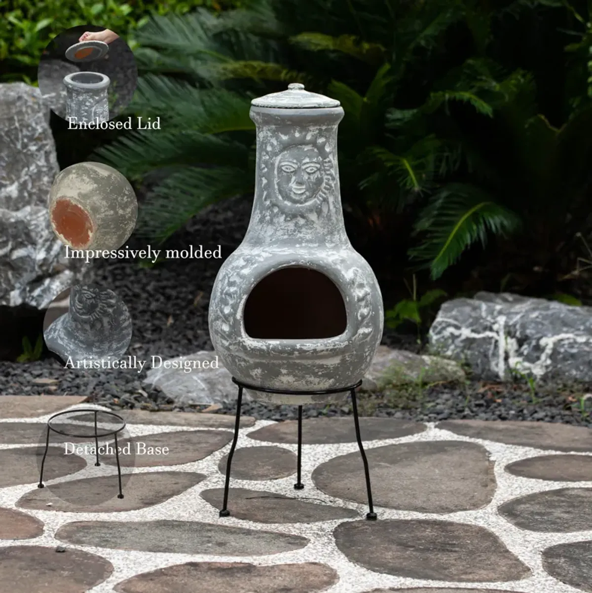 Outdoor Clay Chiminea Fireplace Sun Design Wood Burning Fire Pit with Sturdy Metal Stand, Barbecue, Cocktail Party, Cozy Nights Fire Pit, Stone Gray