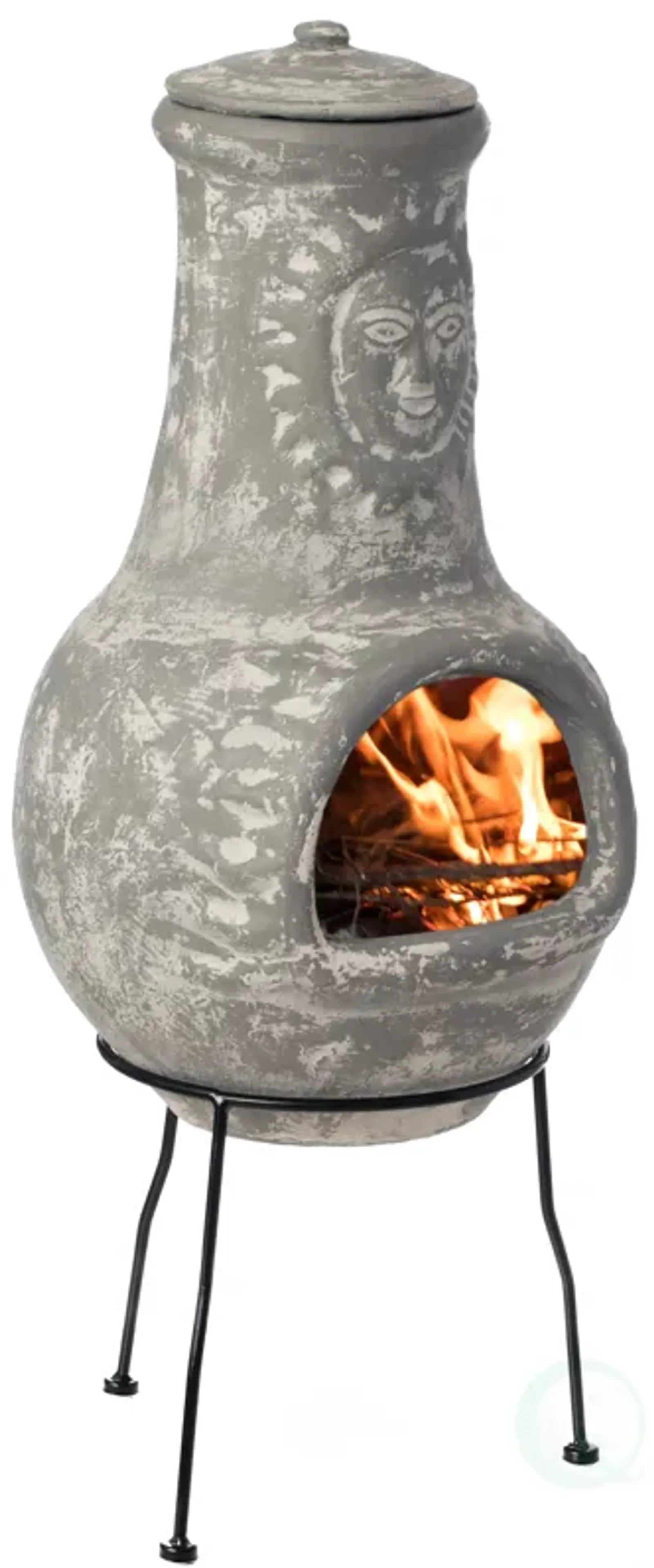 Outdoor Clay Chiminea Fireplace Sun Design Wood Burning Fire Pit with Sturdy Metal Stand, Barbecue, Cocktail Party, Cozy Nights Fire Pit, Stone Gray