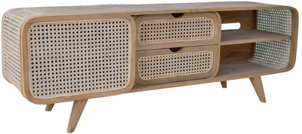 59 Inch TV Entertainment Console, Sliding Doors, Teak Wood, Rattan, Brown - Benzara