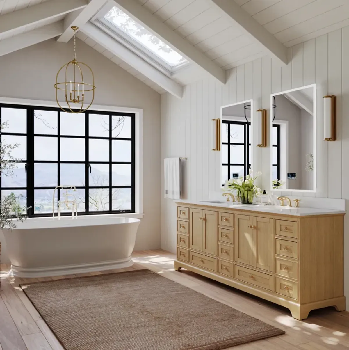 Audrey 84 in. Bath Vanity Set in Oak finish with white quartz Vanity Top and White Undermount Basin