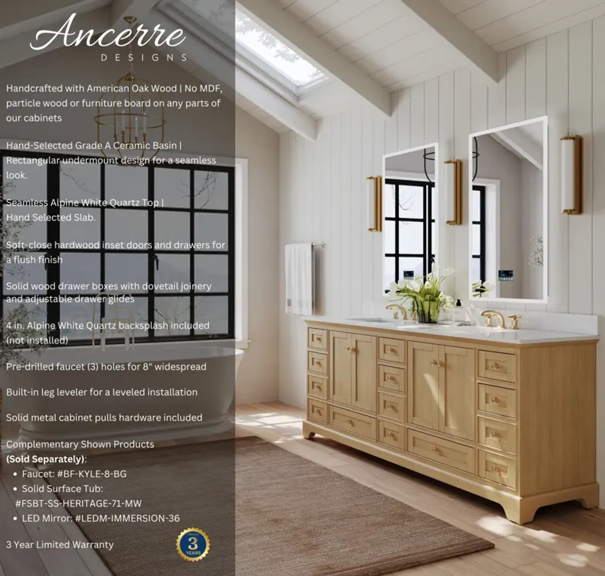 Audrey 84 in. Bath Vanity Set in Oak finish with white quartz Vanity Top and White Undermount Basin