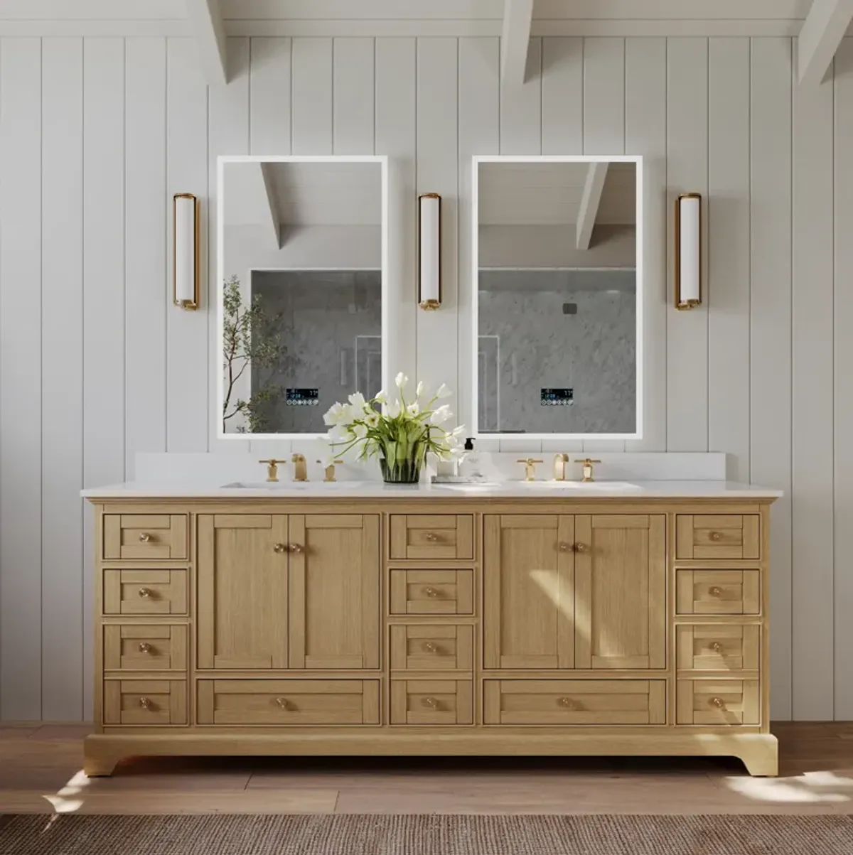 Audrey 84 in. Bath Vanity Set in Oak finish with white quartz Vanity Top and White Undermount Basin