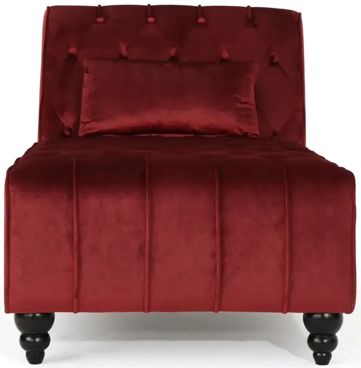 Chaise Lounger, Tufted Design, 55 Inch Birch Wood Frame, Garnet Red Velvet