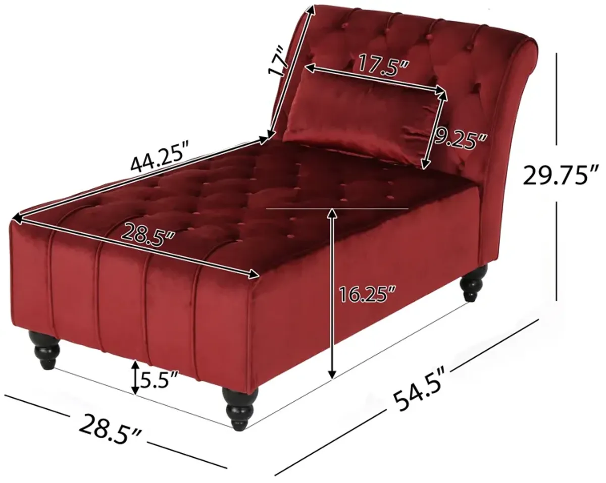 Chaise Lounger, Tufted Design, 55 Inch Birch Wood Frame, Garnet Red Velvet