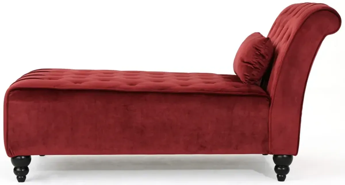 Chaise Lounger, Tufted Design, 55 Inch Birch Wood Frame, Garnet Red Velvet