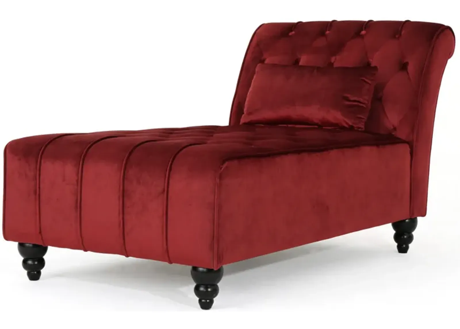 Chaise Lounger, Tufted Design, 55 Inch Birch Wood Frame, Garnet Red Velvet