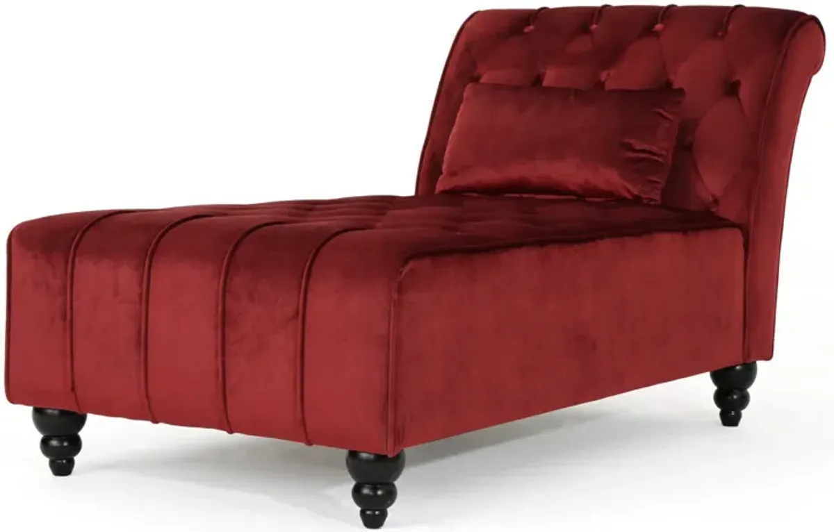 Chaise Lounger, Tufted Design, 55 Inch Birch Wood Frame, Garnet Red Velvet