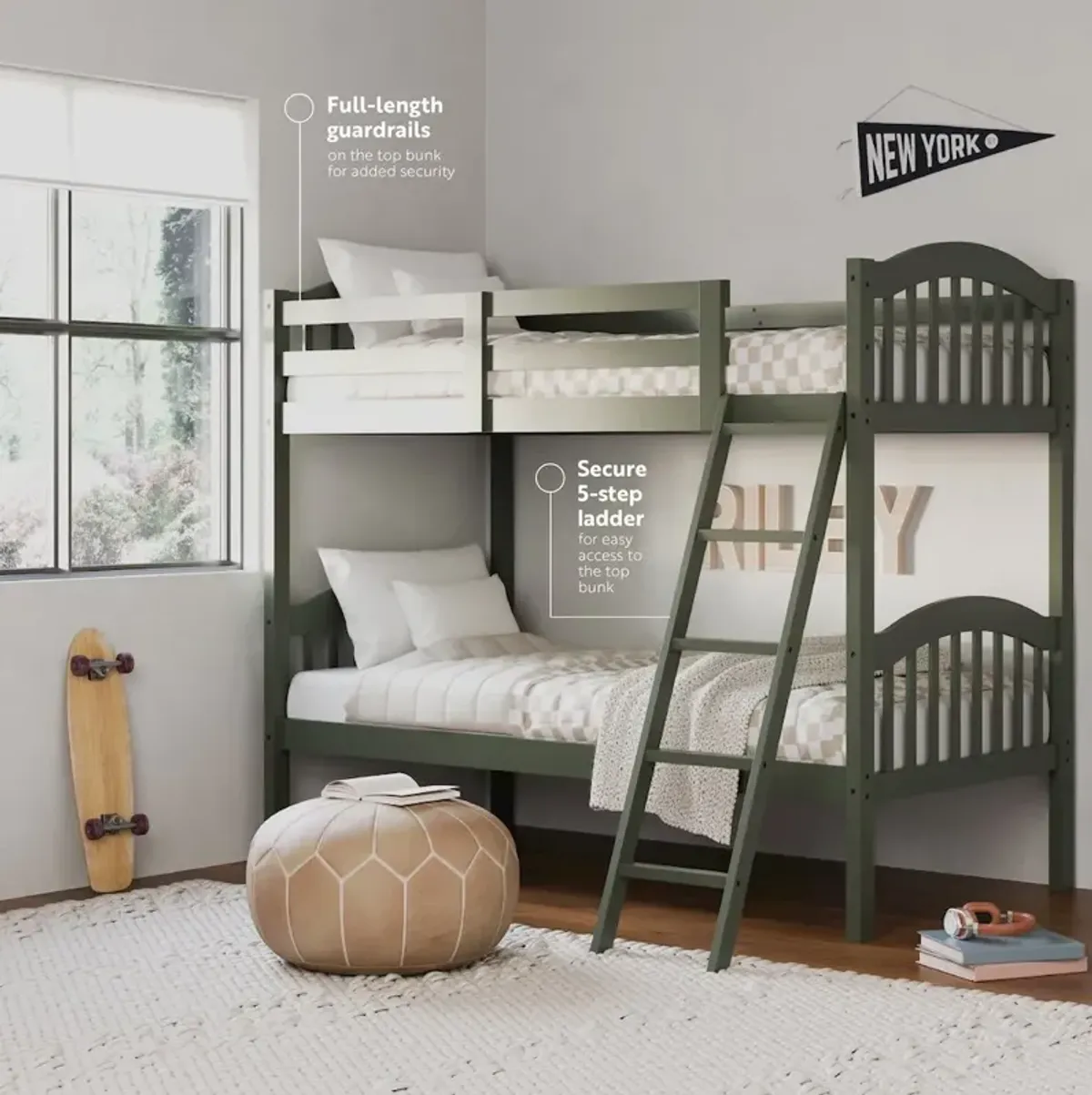 Storkcraft Long Horn Twin-Over-Twin Bunk Bed (Olive)- GREENGUARD Gold Certified