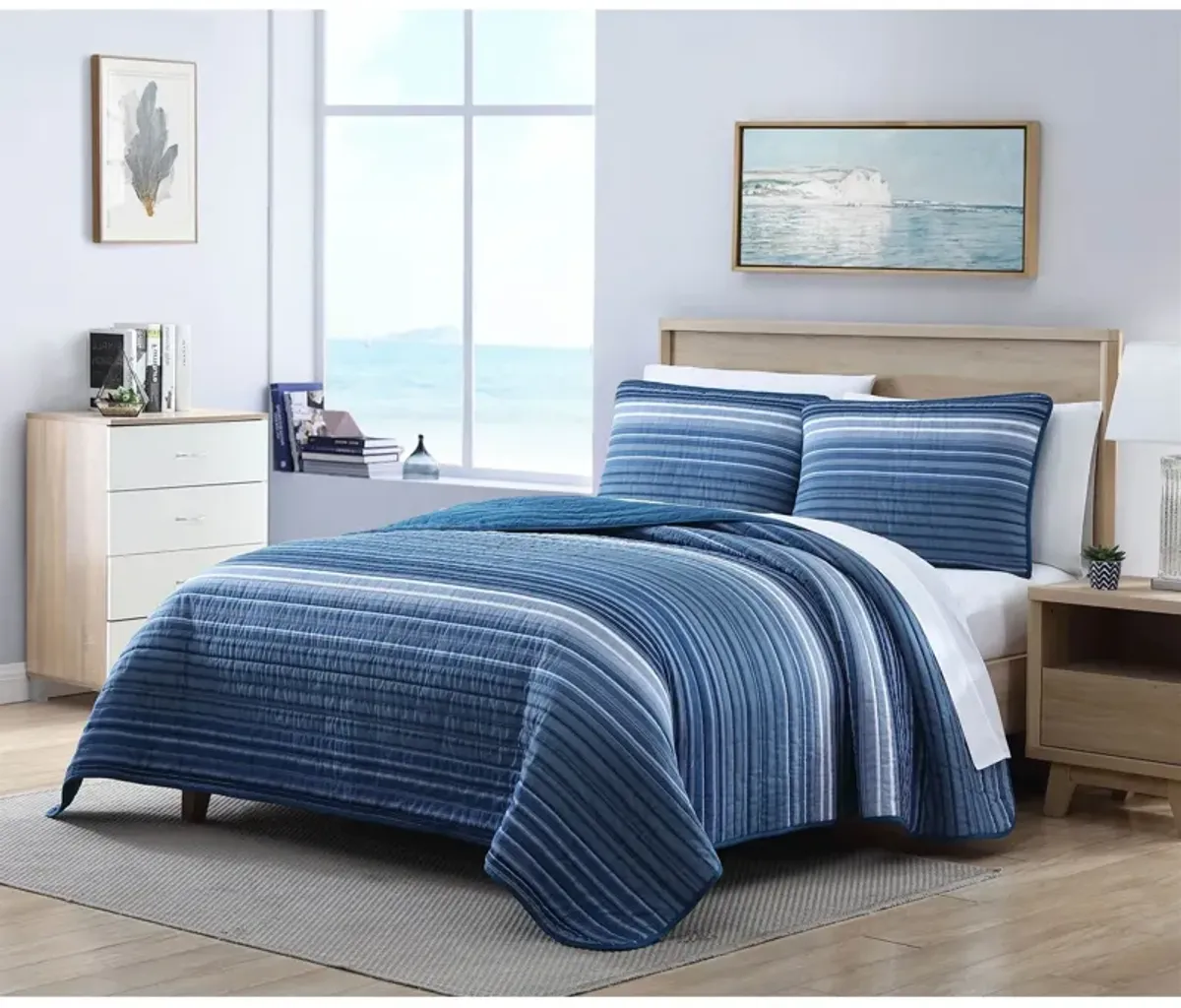 Hivvago King Size Coastal Blue Stripe Reversible Cotton Quilt Set