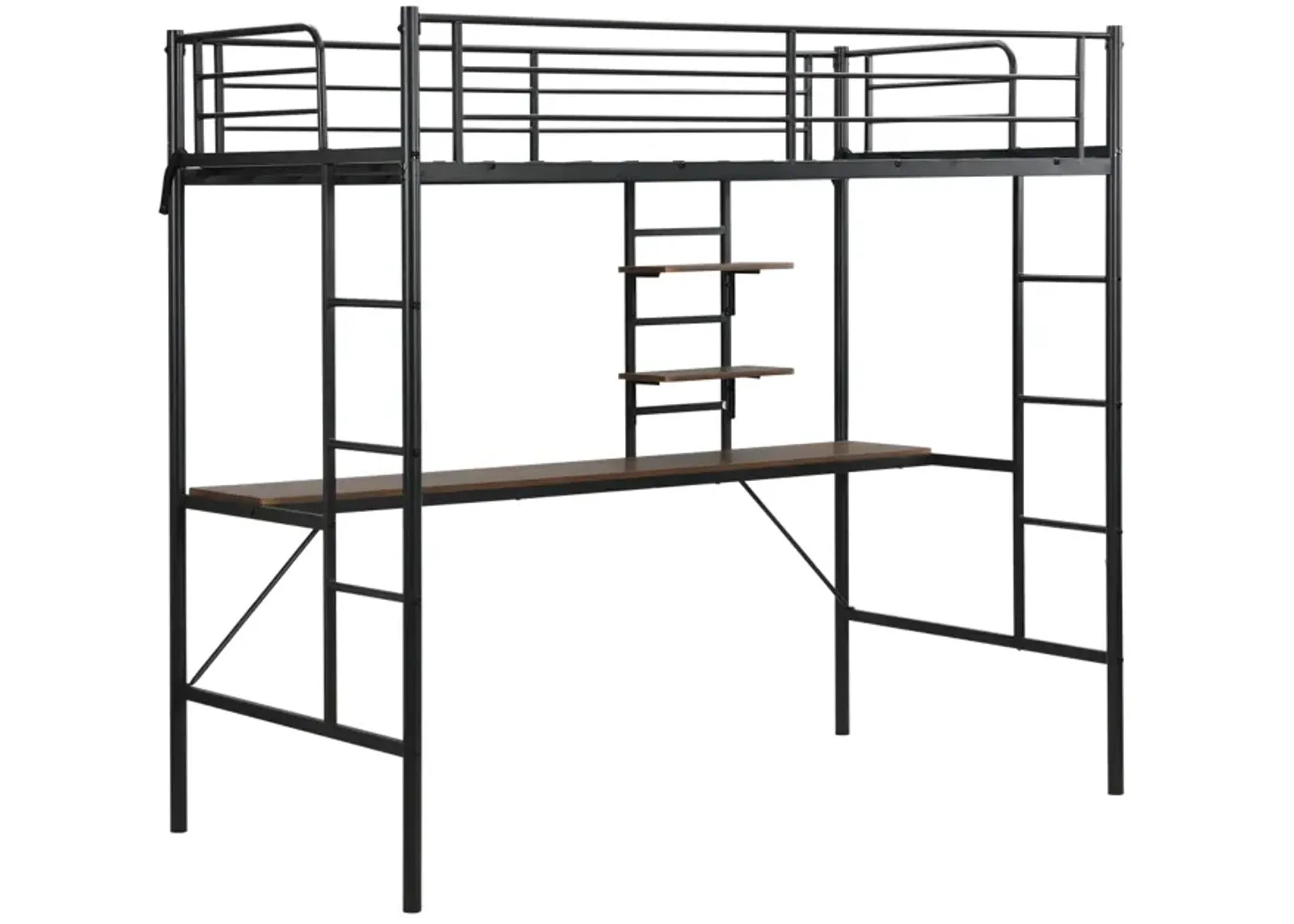 Metal Twin Loft Bed With Desk And Storage Shelves