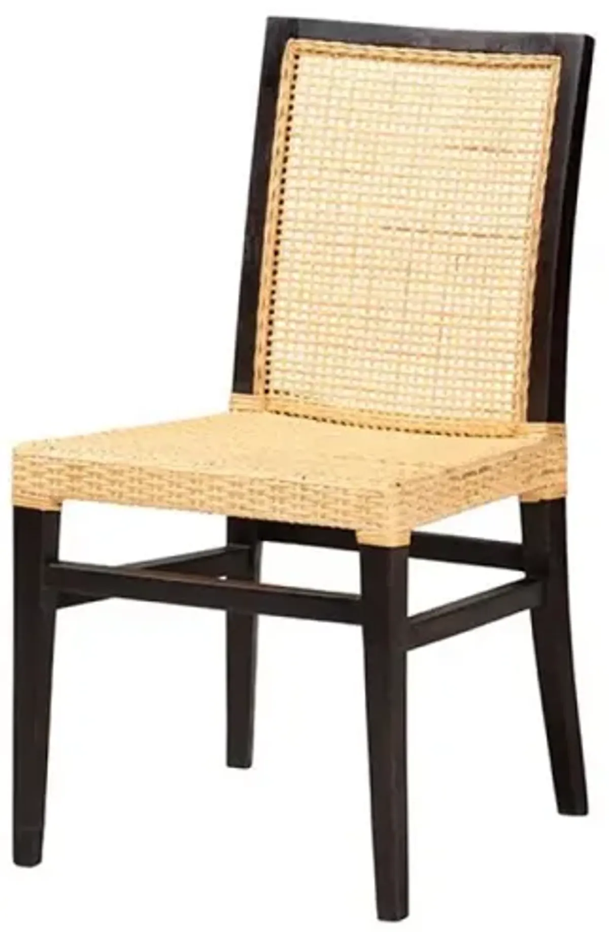 Bohemian Dark Brown Mahogany Wood and Natural Rattan Dining Chair