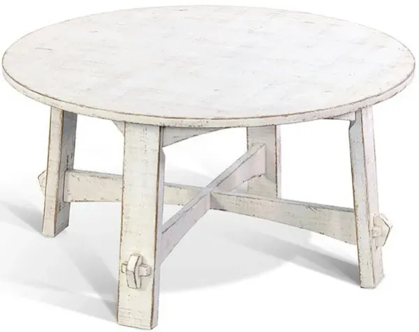 Rena Rustic Coffee Table, 36 Inch Round Top, Distressed White Wood - Benzara