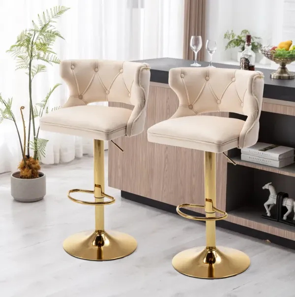 Streamdale Velvet Beige Bar Stools with Backrest & Footrest Set of 2