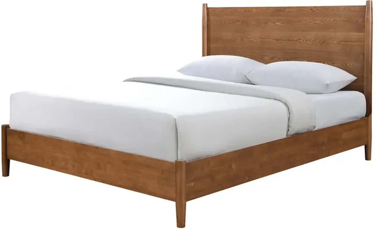 Roma Queen Size Bed, Panel Headboard, Tapered Legs, Walnut Brown Solid Wood - Benzara