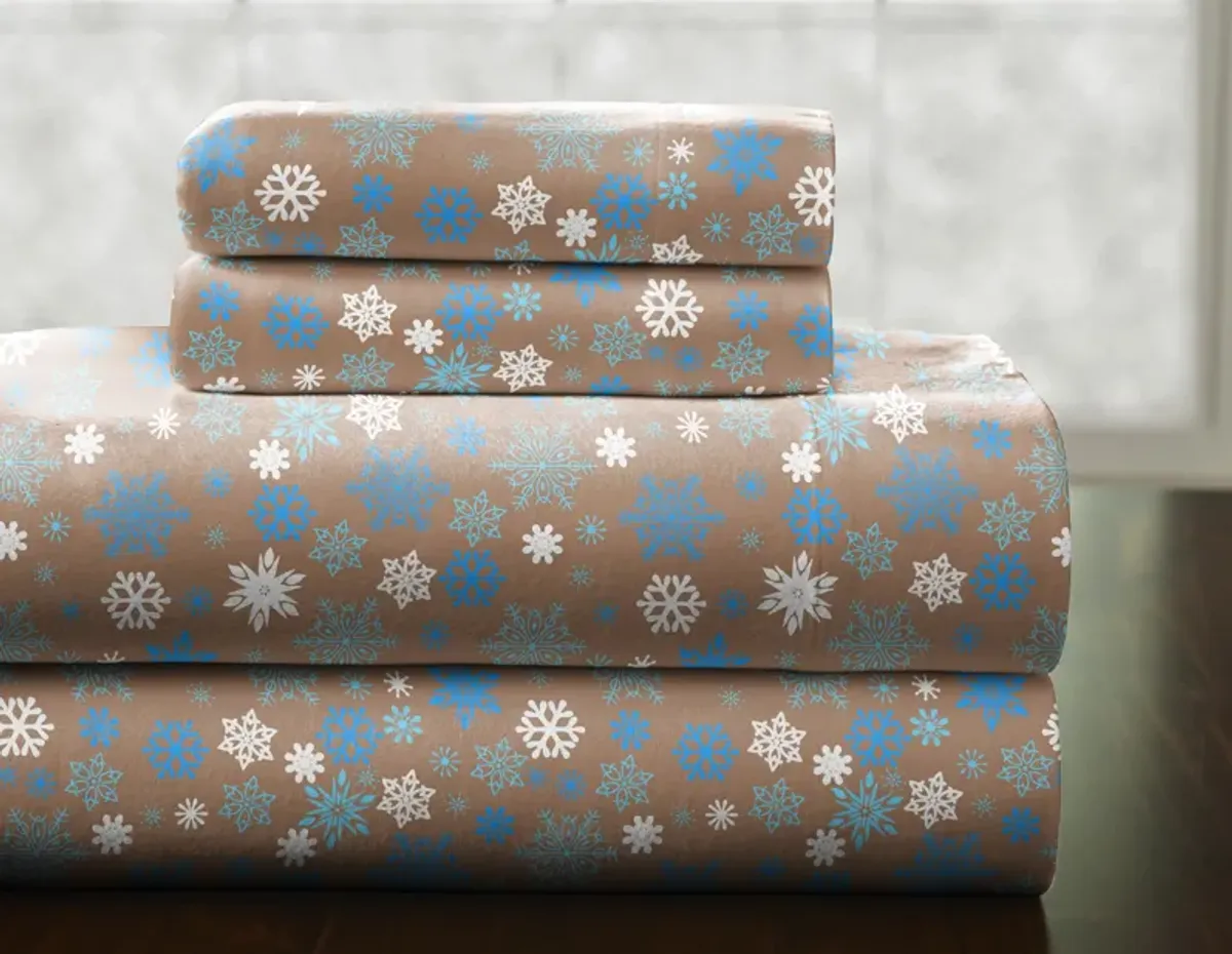 Pointehaven Heavy Weight 100% Cotton Snowflakes Brown Printed 170 GSM Flannel 4 pc Sheet Set, Full