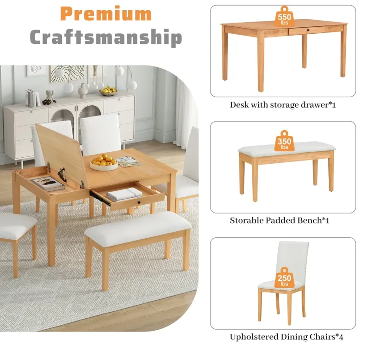 Merax Farmhouse 6-Piece Dining Table Set with Storage Bins